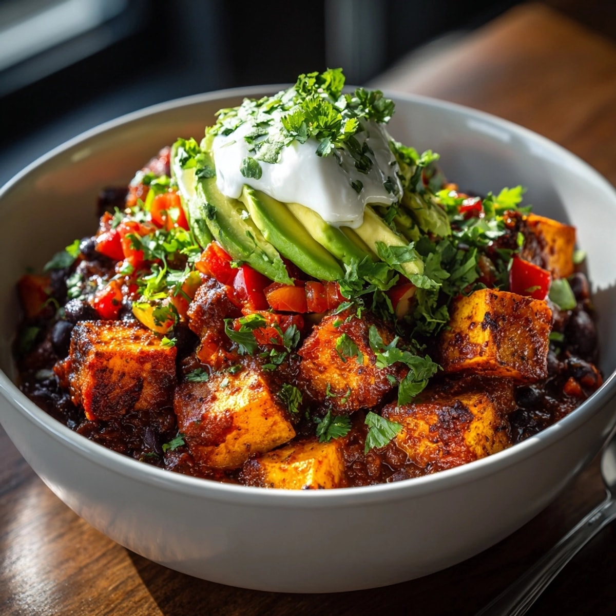 Hearty, comforting loaded sweet potato and black bean chili bubbling in a vibrant red pot.
