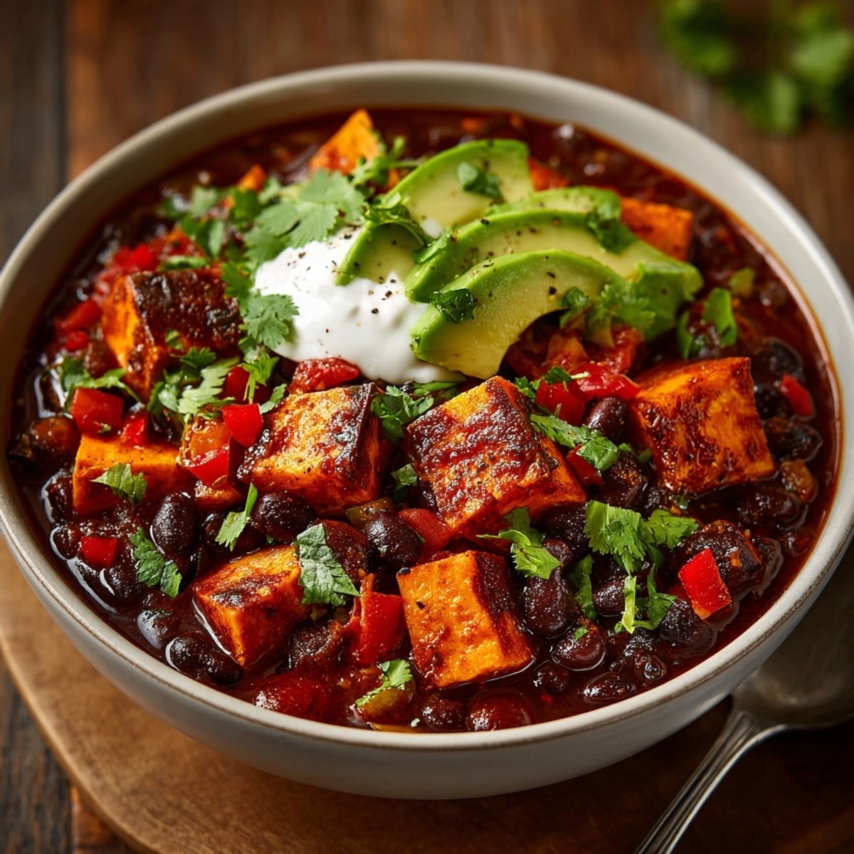 Warm, savory loaded sweet potato and black bean chili: a flavorful, healthy weeknight dinner.