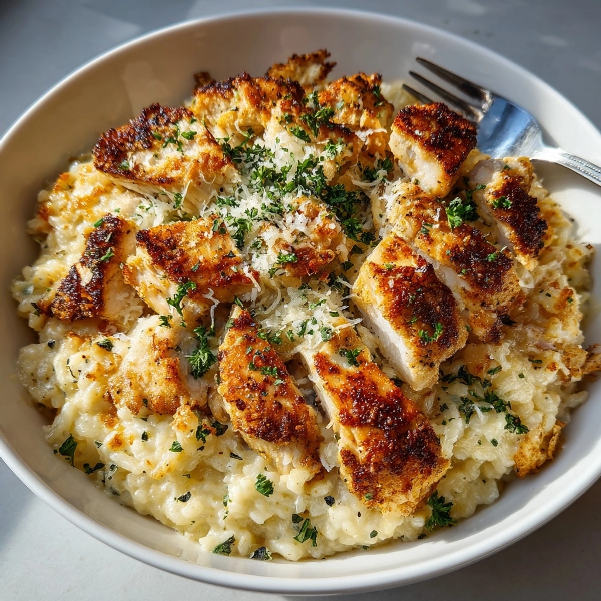 Creamy Garlic Parmesan Chicken & Rice Bake—golden, bubbling goodness, ready for your family dinner.
