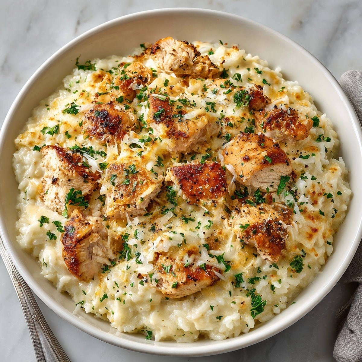Homemade Creamy Garlic Parmesan Chicken & Rice Bake, cheesy and savory; a comfort food classic.