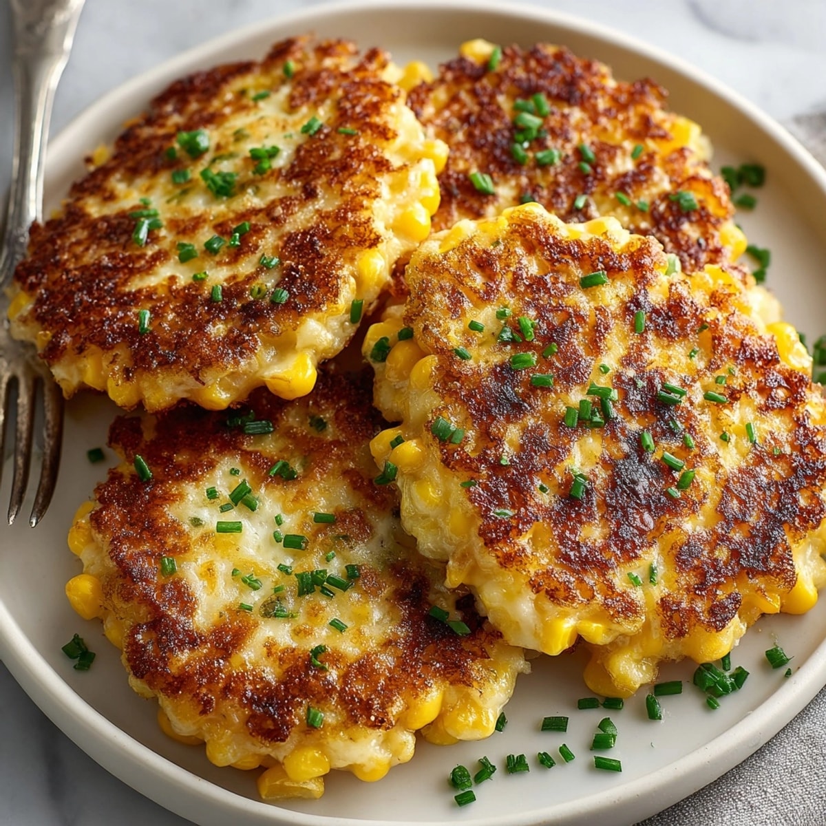 Golden Crispy Cheddar Corn Fritters, hot from the skillet, ready to serve with honey.