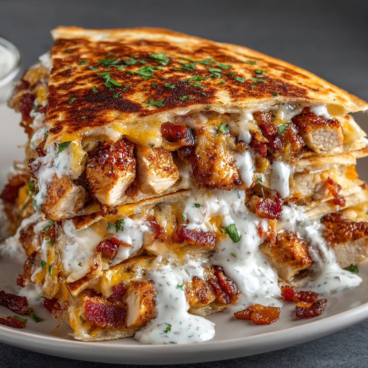 Crispy chicken bacon ranch quesadillas sizzle golden brown, ready to share as an appetizer.