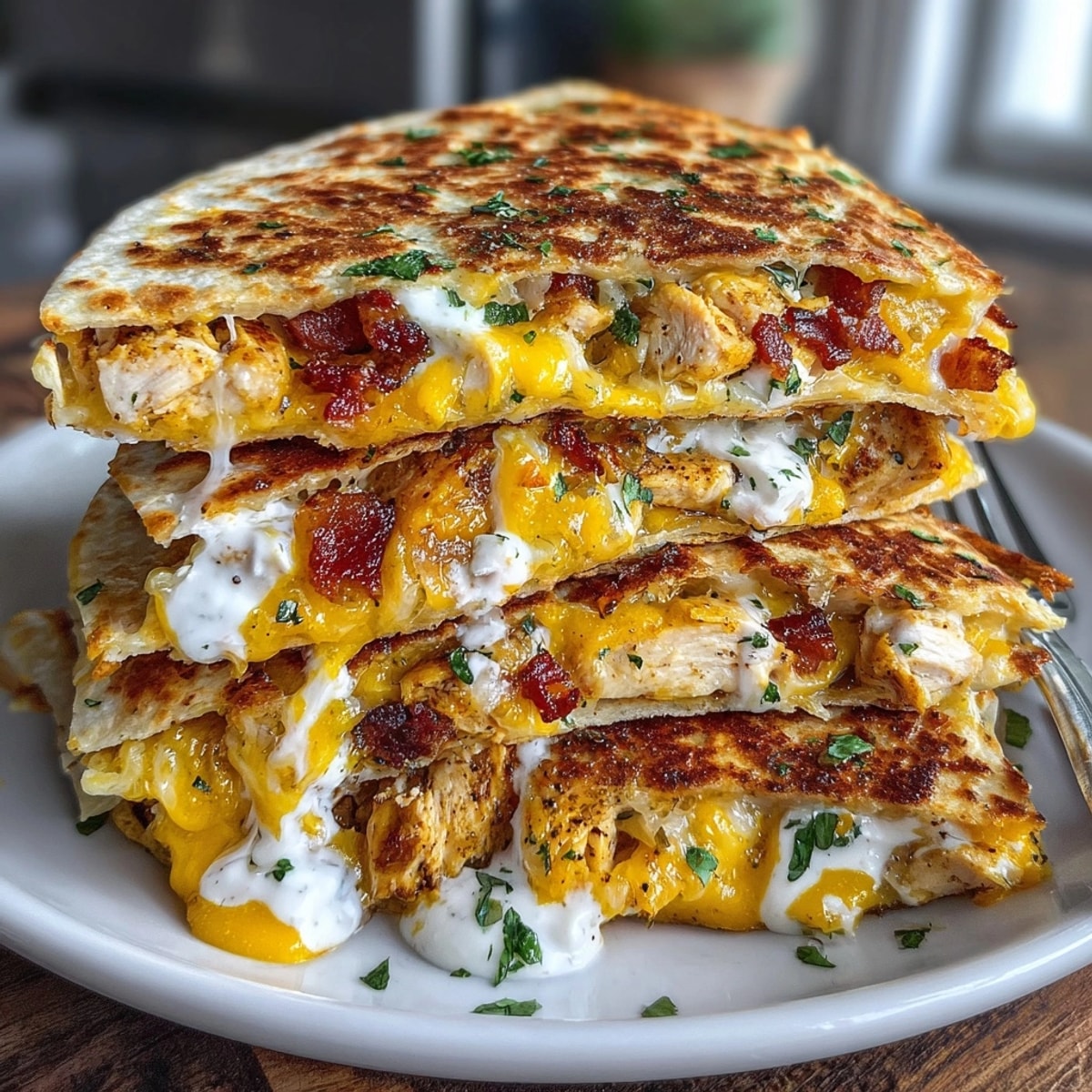 Warm, cheesy Chicken Bacon Ranch Quesadillas: imagine savory flavors layered in a toasted tortilla.