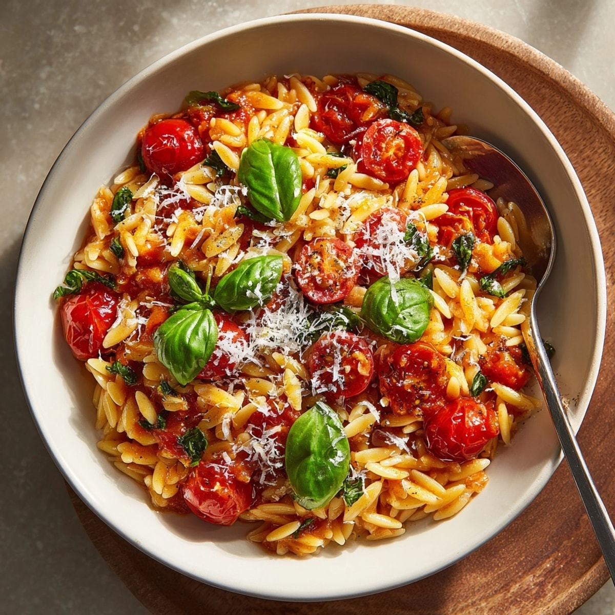 Creamy One-Pot Tomato Basil Orzo simmers beautifully in one pan, a vibrant, comforting dish.