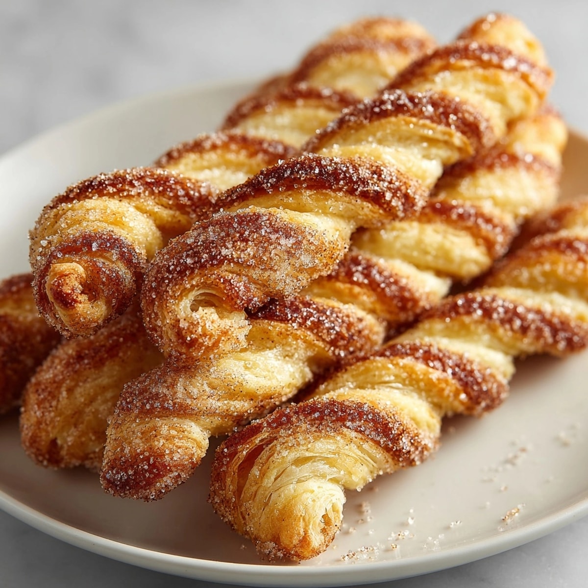 Crispy baked Cinnamon Sugar Puff Pastry Twists, glistening sweetly on a baking sheet.