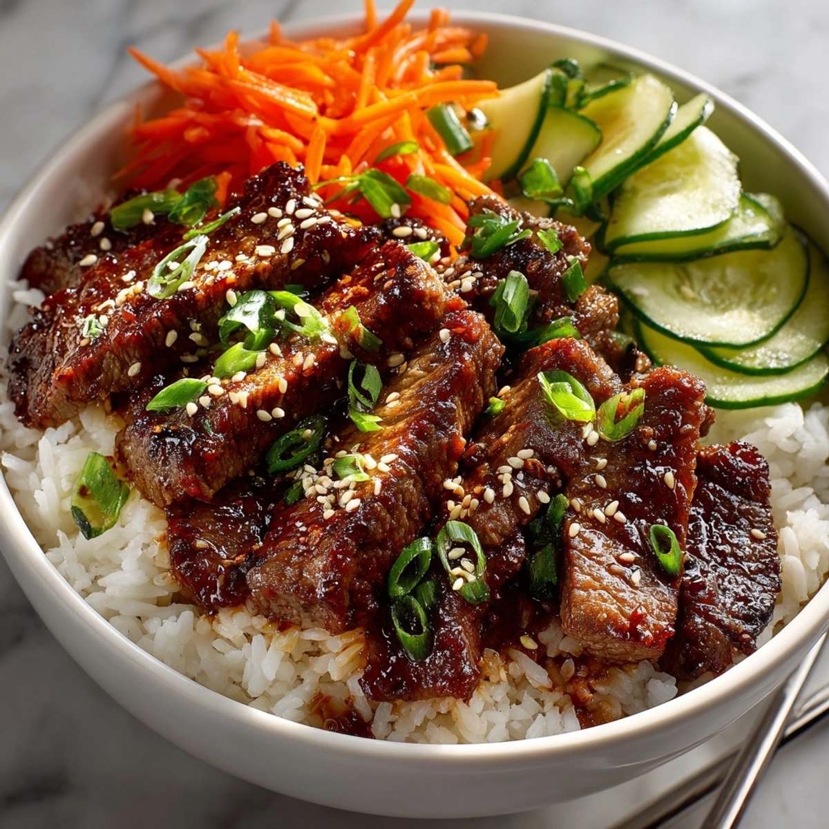 Korean Bulgogi Beef Bowls: Juicy marinated beef glistens atop a bed of steamed rice.