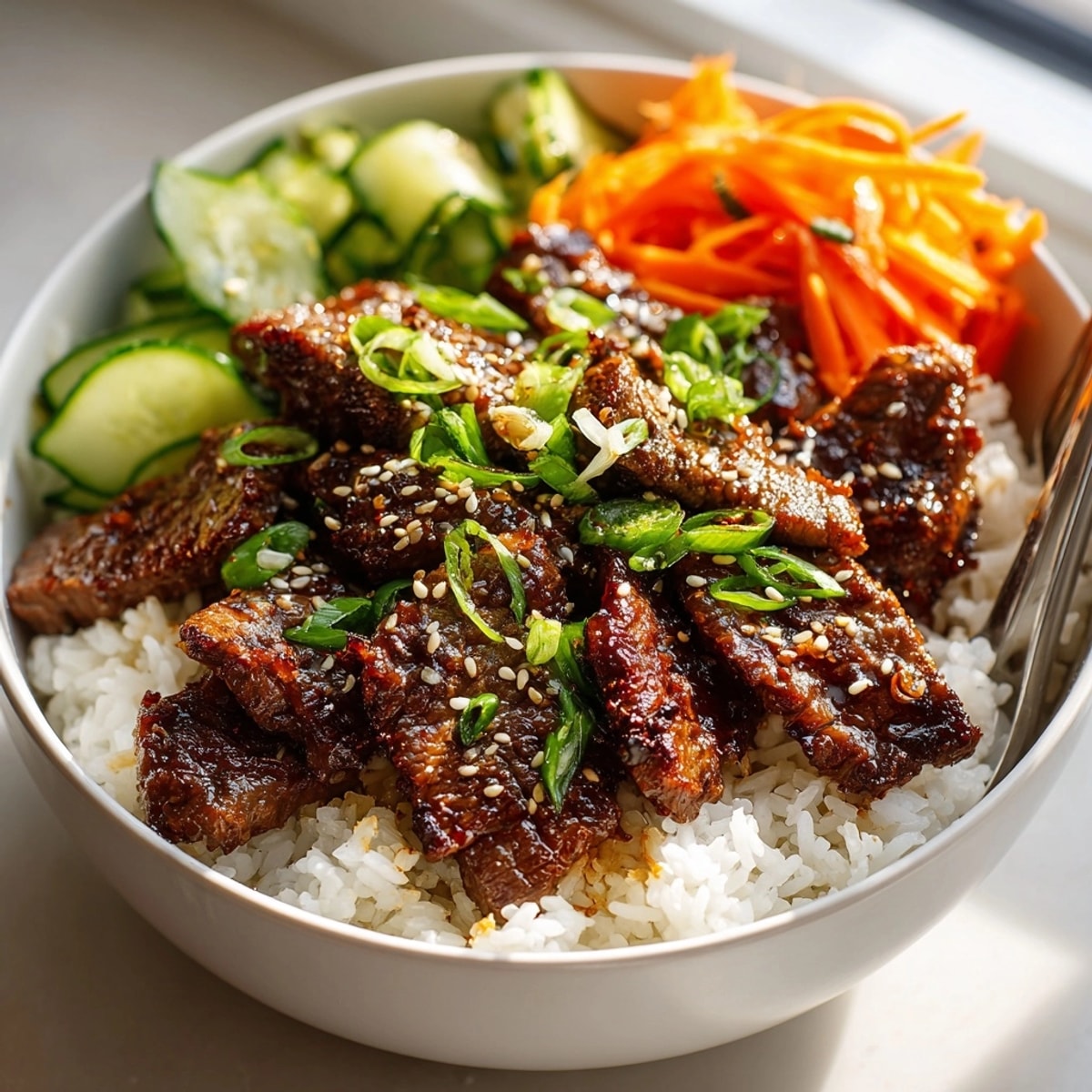 Savory Korean Bulgogi Beef Bowls, ready to serve with fresh vegetables and kimchi!