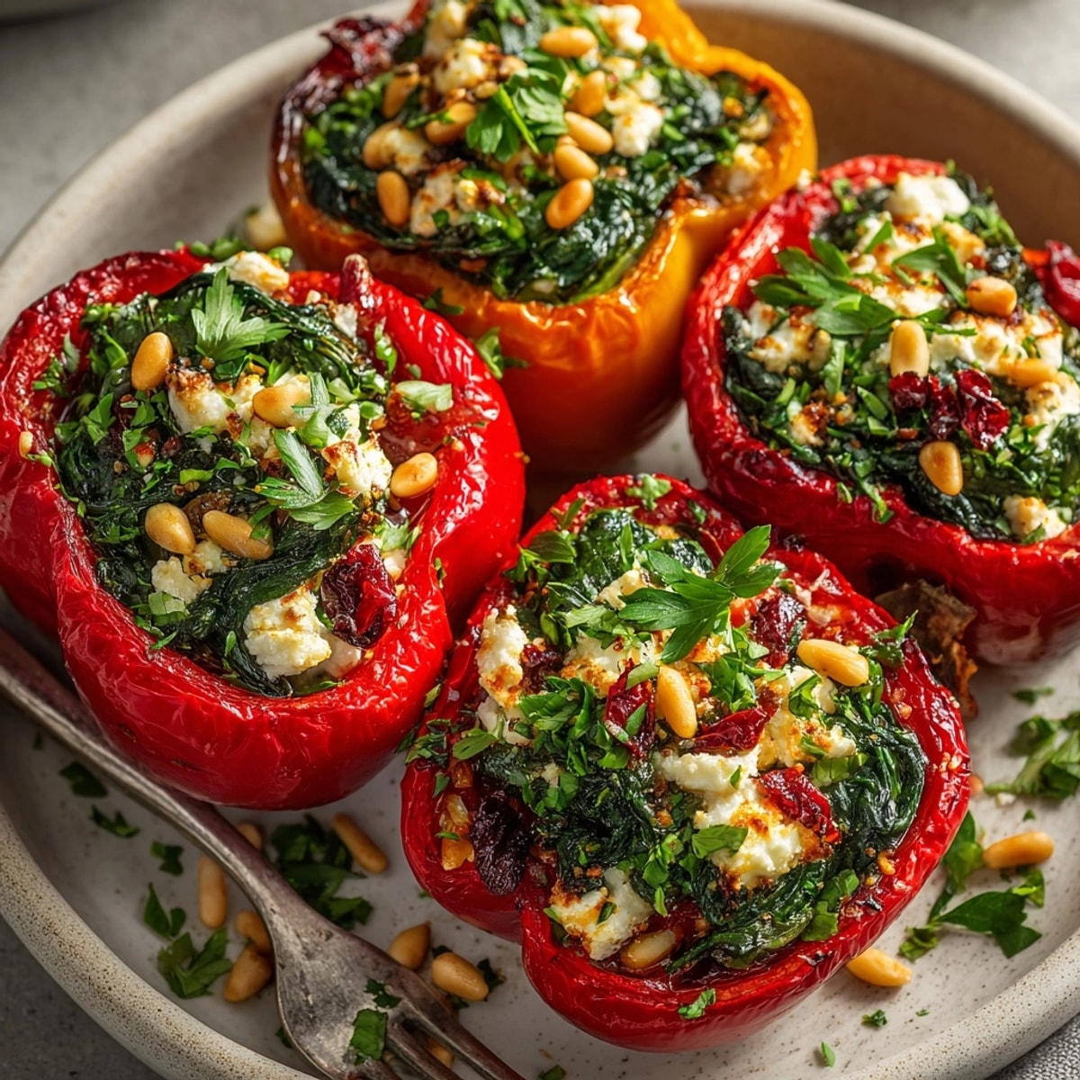 Golden-baked Mediterranean Spinach & Feta Stuffed Peppers, a flavorful, healthy weeknight dinner.