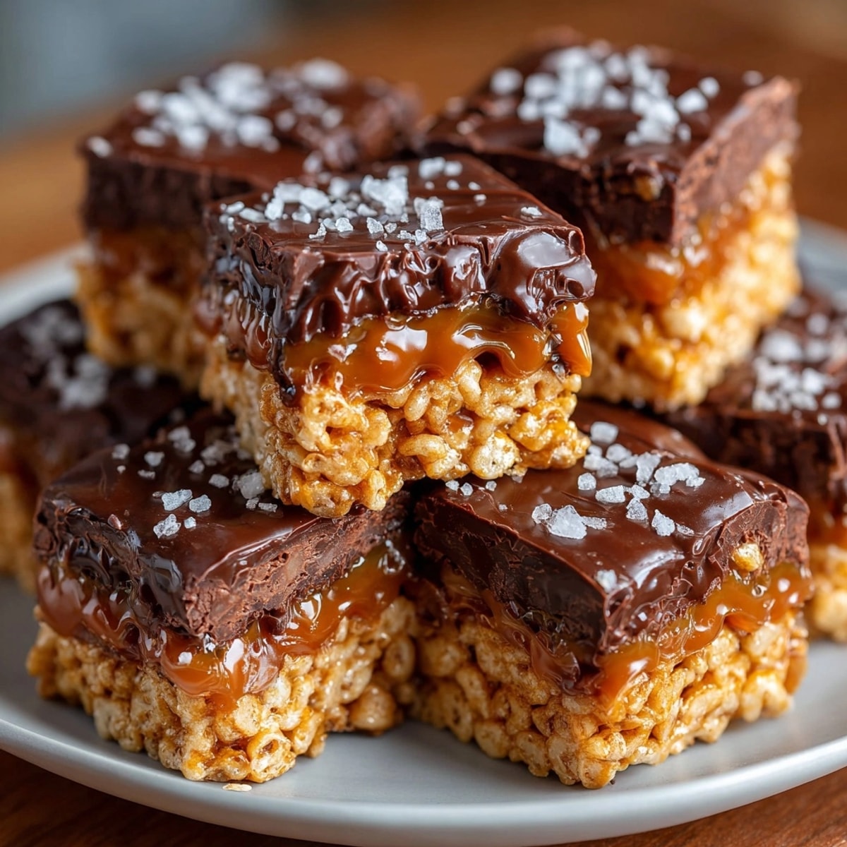 Top-down view of gooey Salted Caramel Chocolate Rice Krispie Squares, ready to eat!