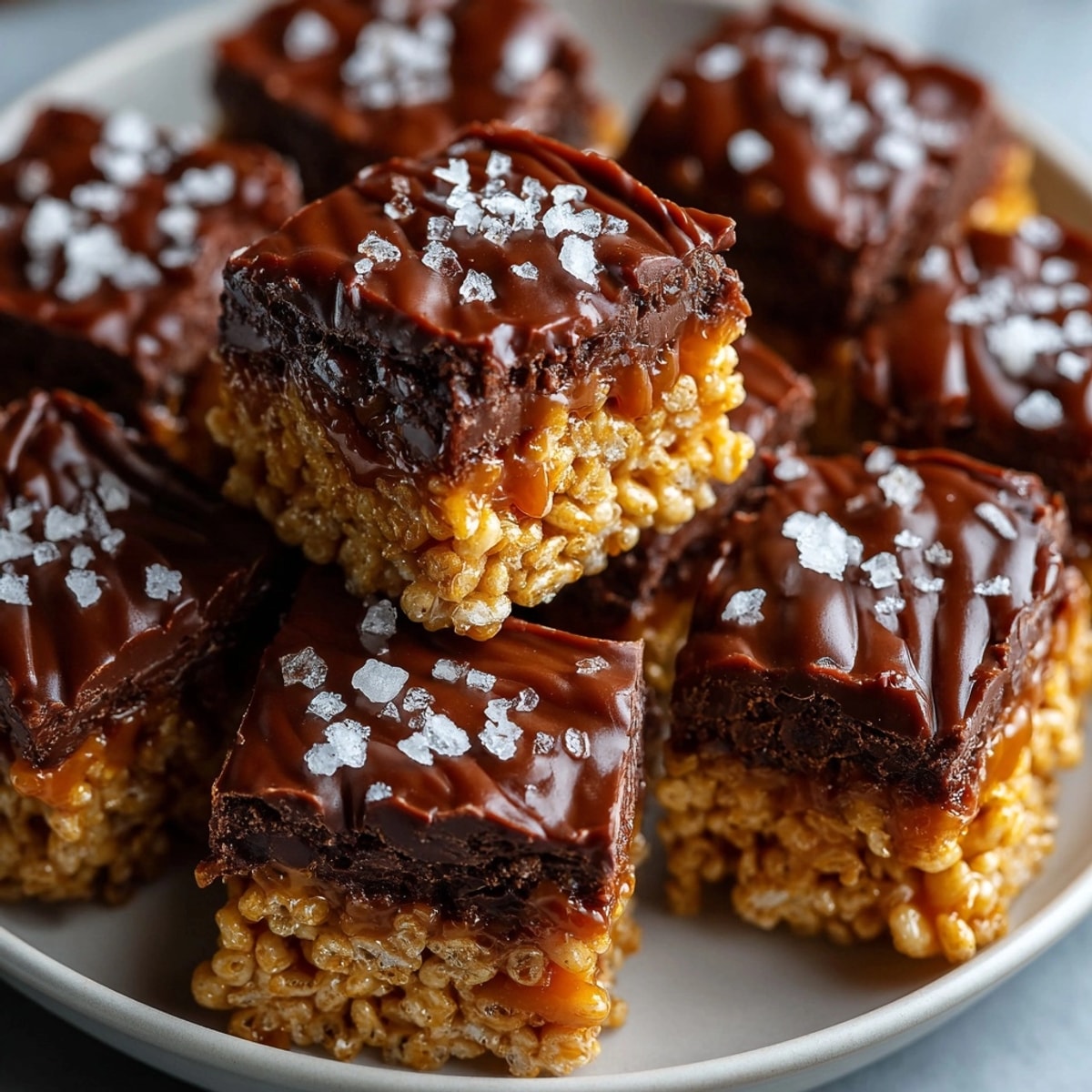 Close-up reveals the rich chocolate and caramel layers in these homemade Rice Krispie Squares.