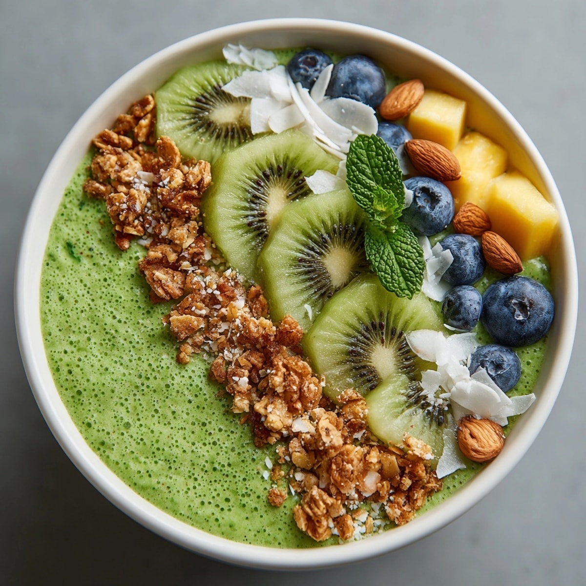 Eye-level view of a vibrant Green Monster Smoothie Bowl with colorful fruit topping.