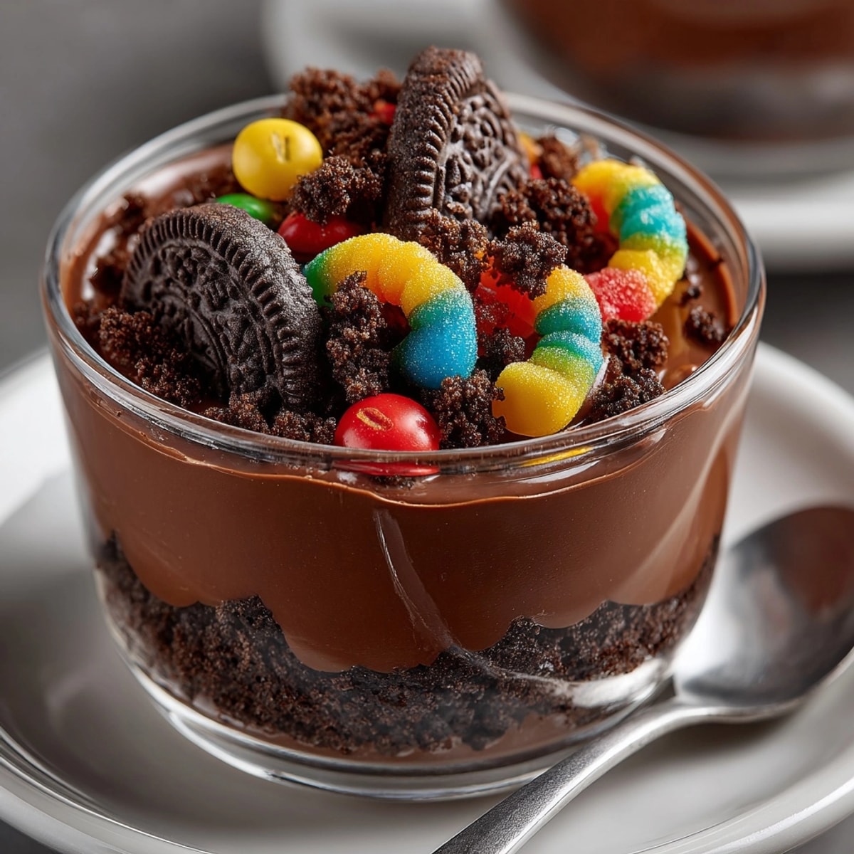 Rich Midnight Chocolate Dirt Pudding layered with crushed Oreos and wriggly gummy worms.