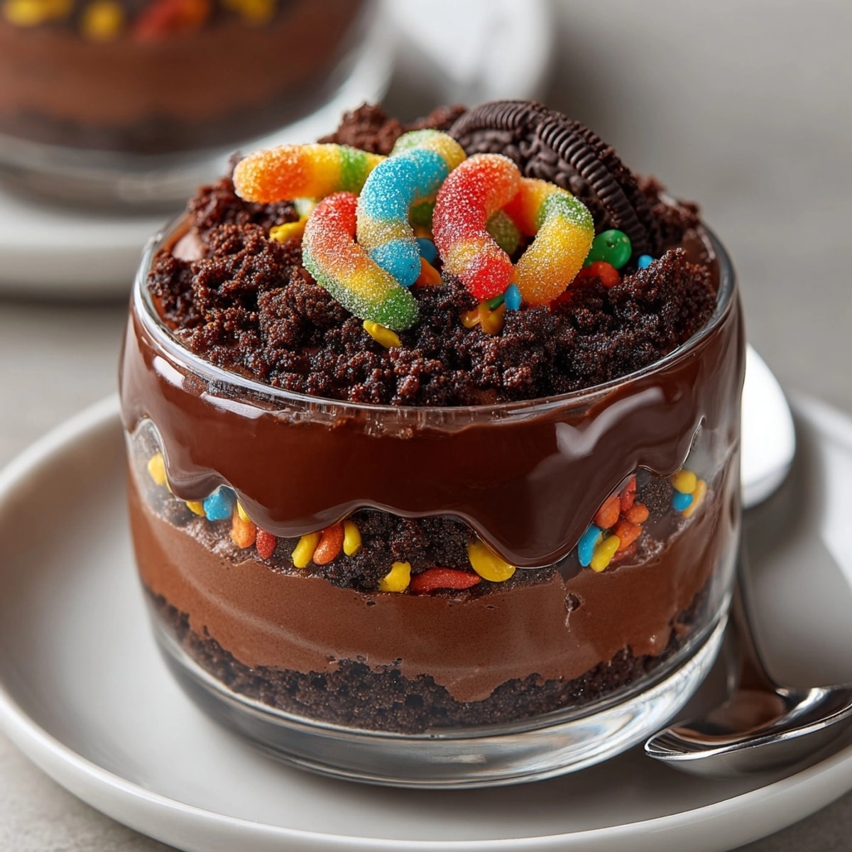 Delicious homemade Midnight Chocolate Dirt Pudding, chilled and ready to eat with fun gummy worms.