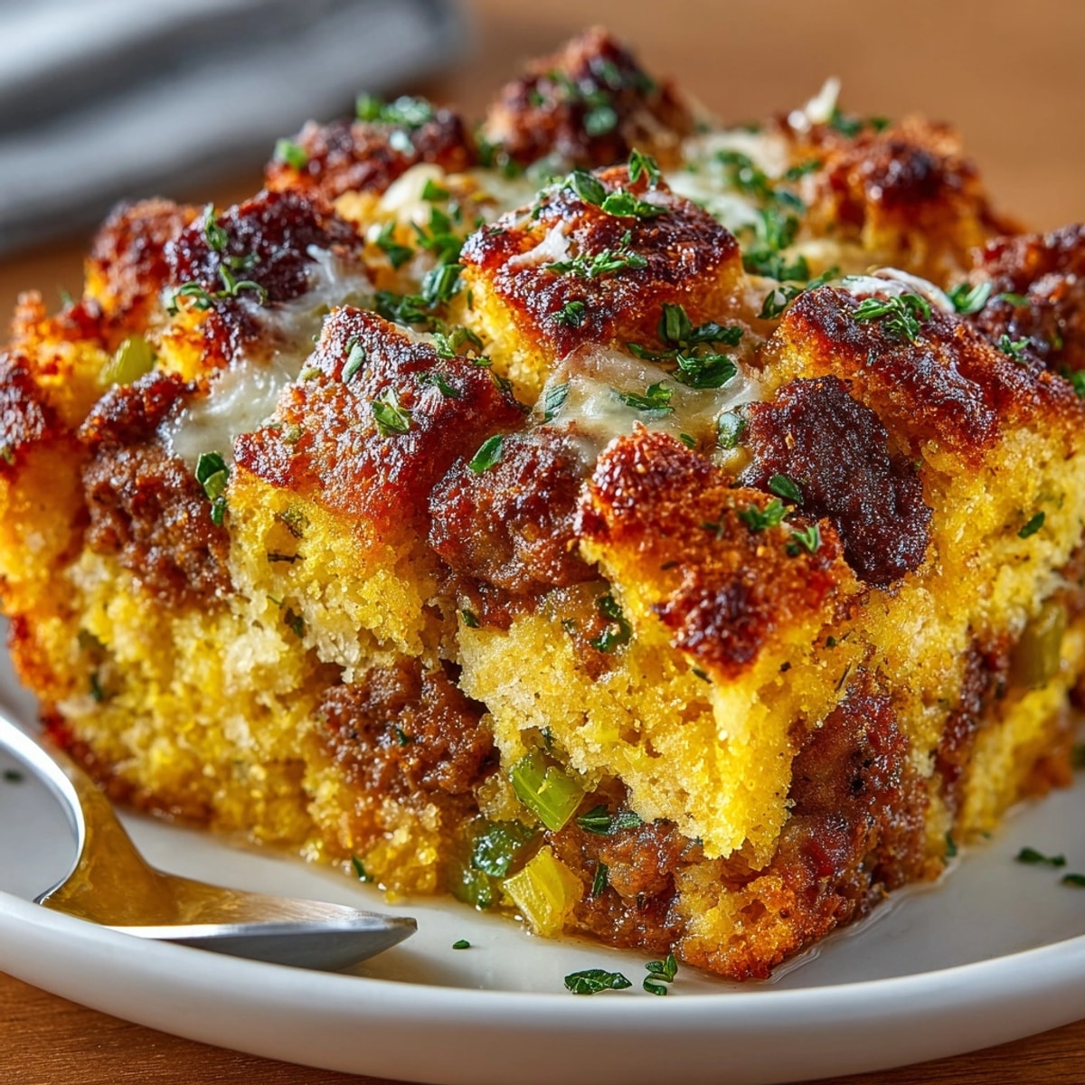 Golden baked Cornbread Sausage Stuffing, a savory Southern side dish with herbs and sausage.