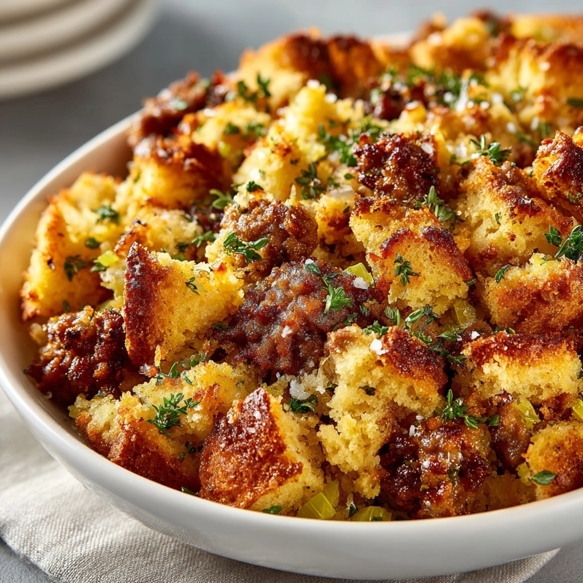 Imagine the taste of perfectly seasoned Cornbread Sausage Stuffing bubbling hot from the oven.