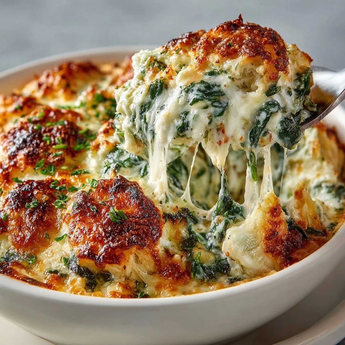 Hot and bubbly Cheesy Spinach Artichoke Dip with Three Cheeses, ready to serve!