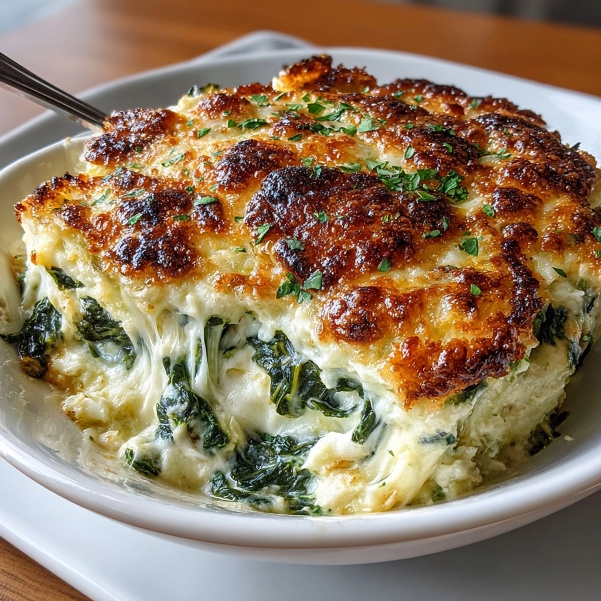 Oven-baked Cheesy Spinach Artichoke Dip: creamy, cheesy, with toasted golden-brown top.