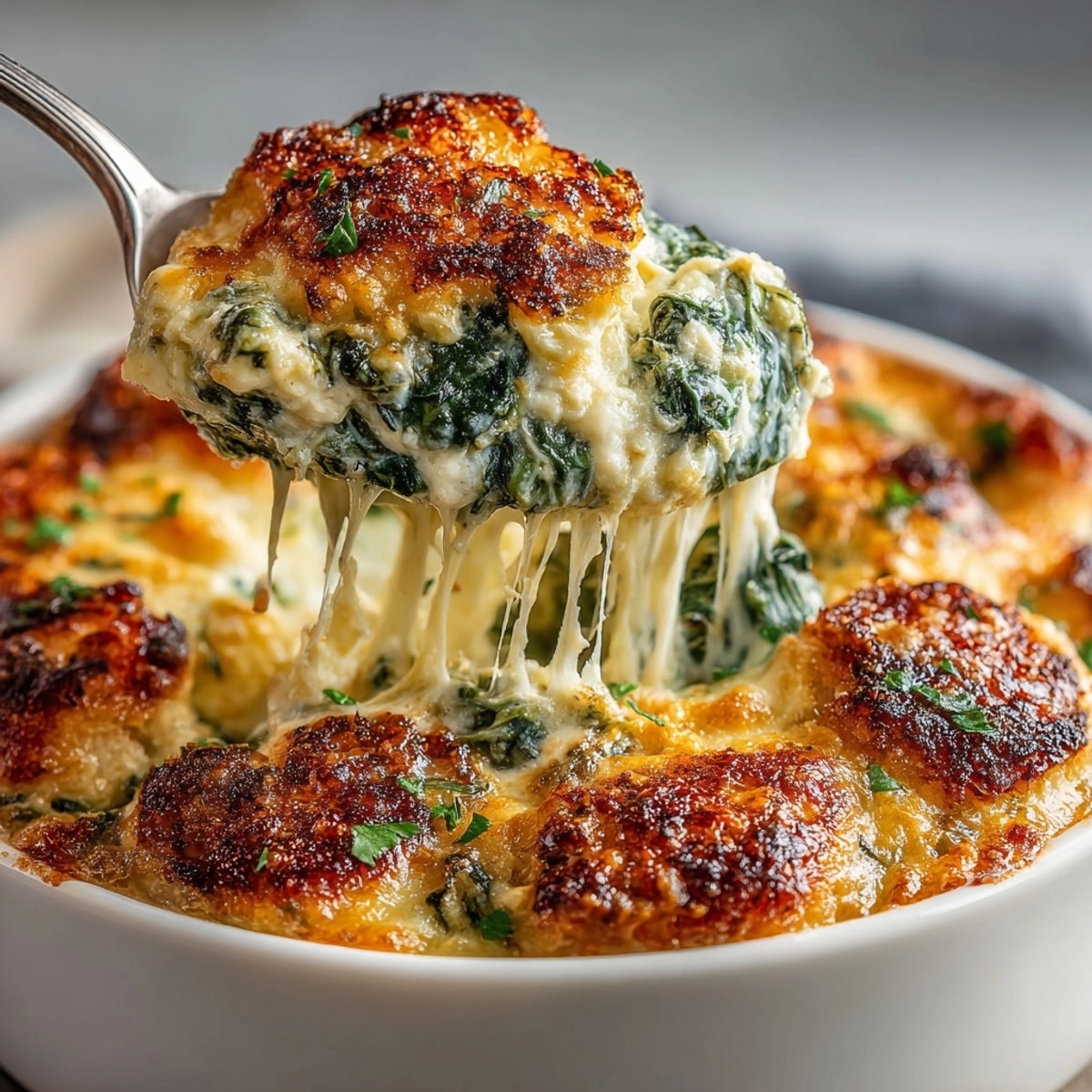 Close-up of melted Cheesy Spinach Artichoke Dip—a decadent, irresistible party appetizer.