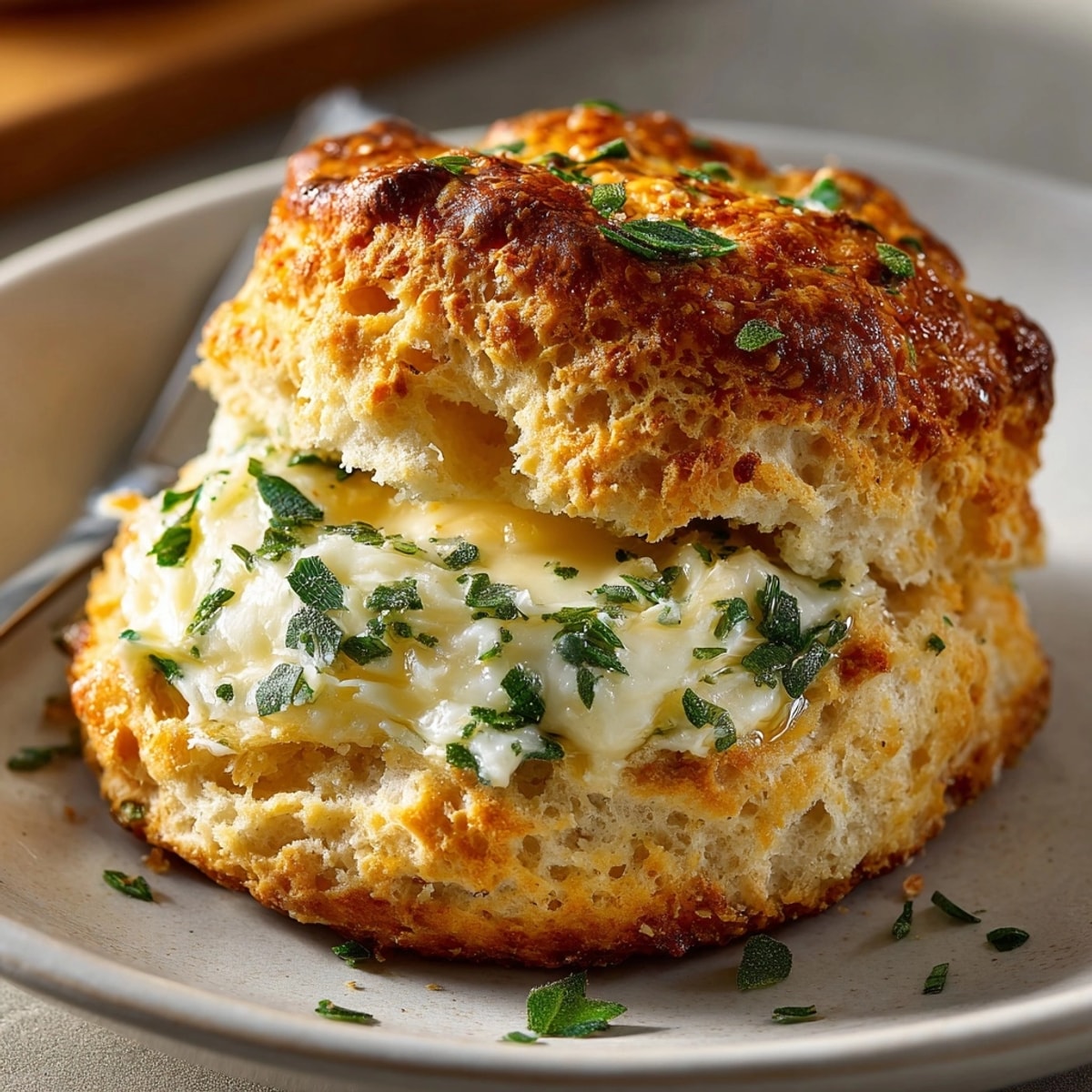Golden Flaky Buttermilk Biscuits with Sage Butter, fresh from oven, ready to enjoy.