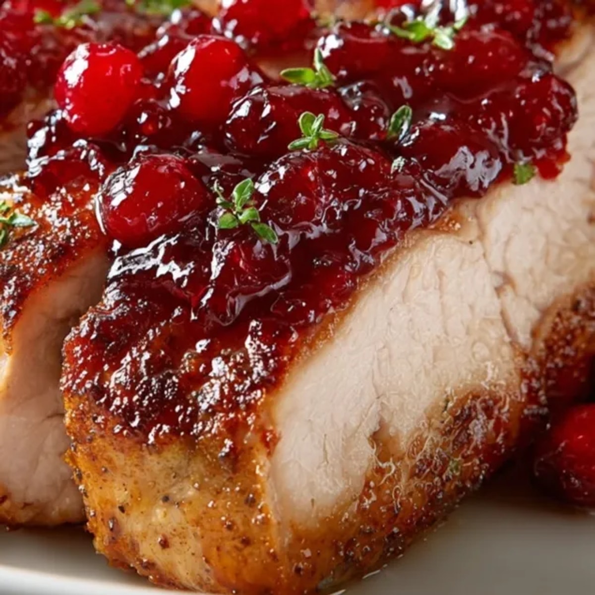 Juicy Cranberry Orange Roast Pork Loin, sliced and ready to serve with glaze.