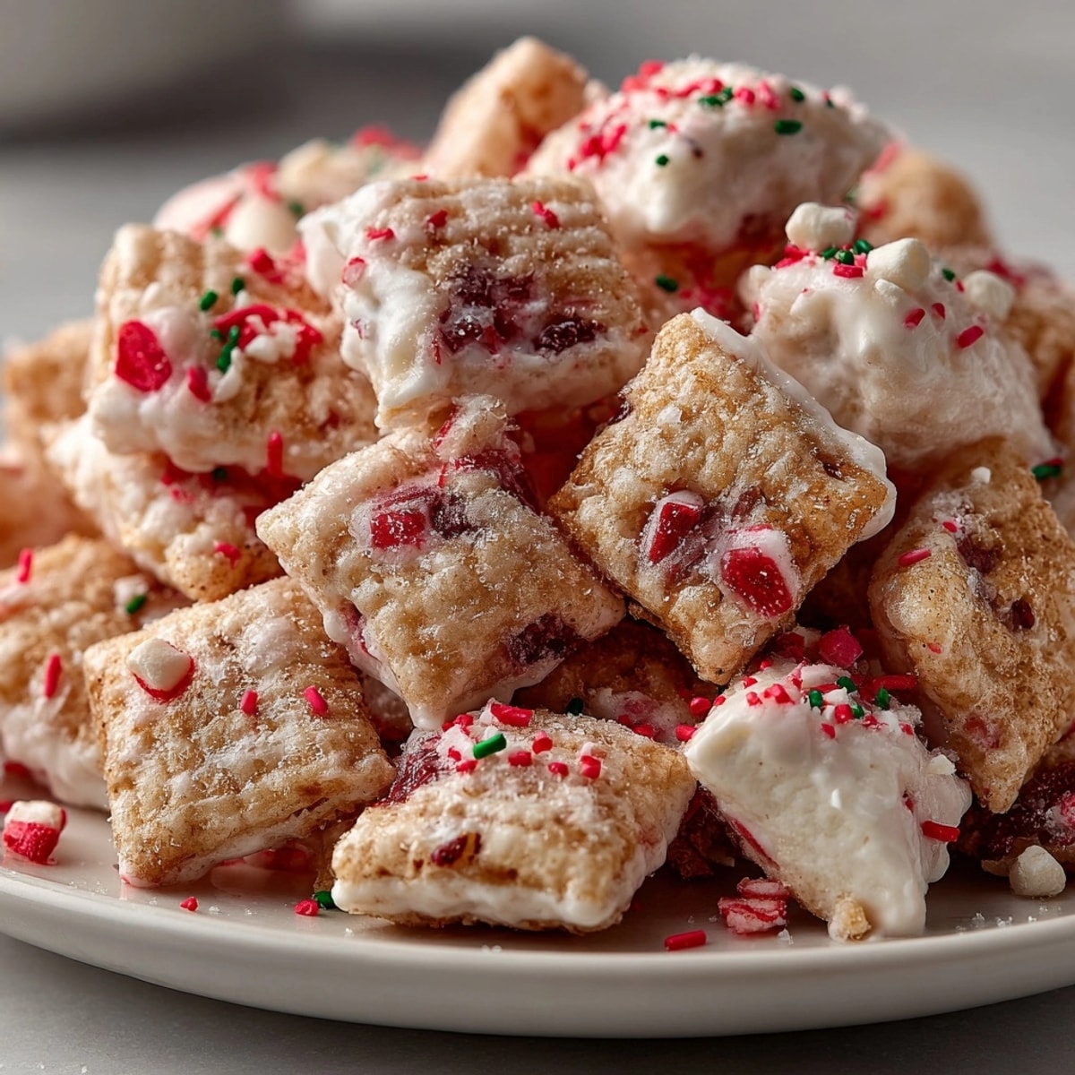 Close-up of festive White Chocolate Peppermint Muddy Buddies, a crunchy holiday snack.