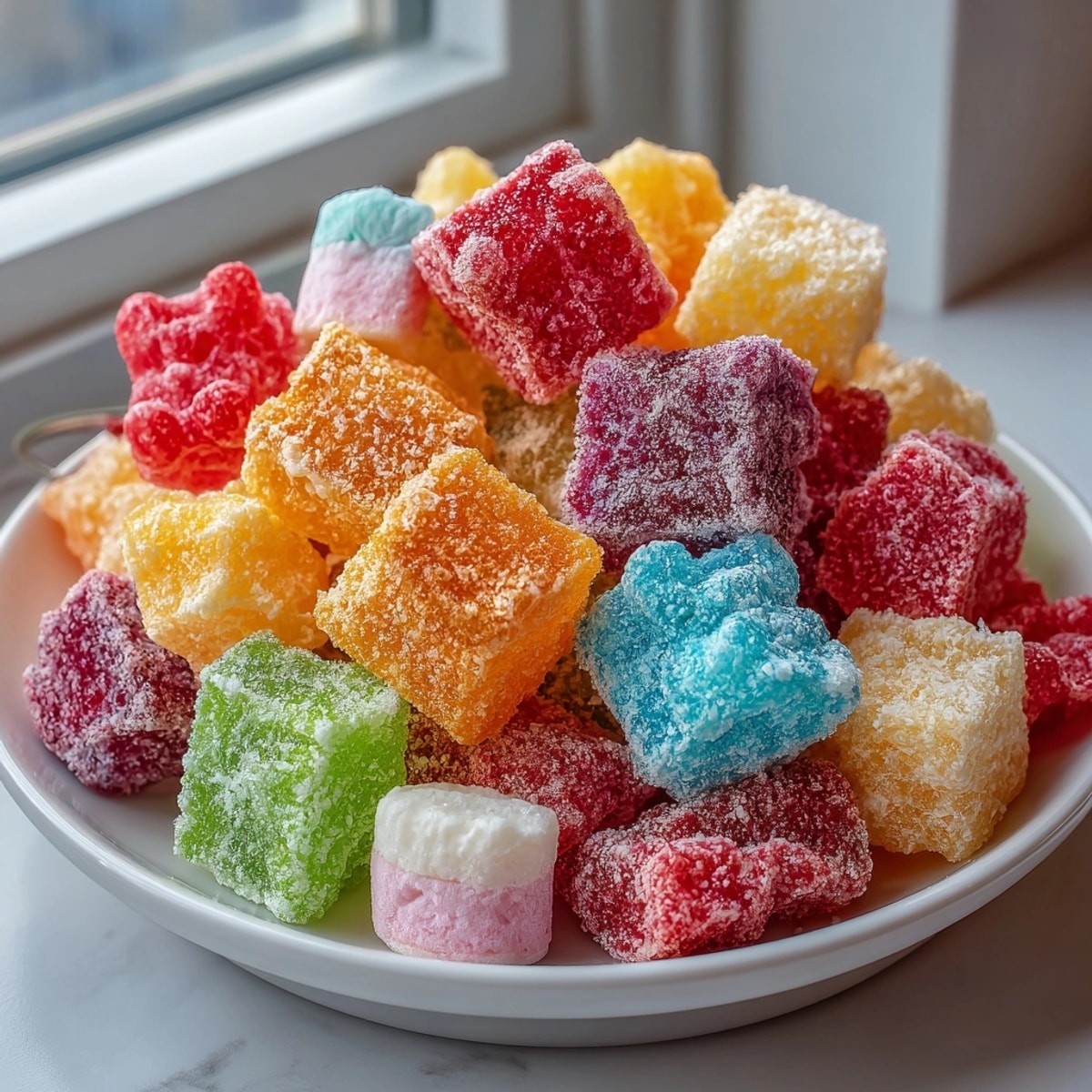 Crispy, colorful freeze-dried candy piled high, ready to enjoy a crunchy, sweet treat.