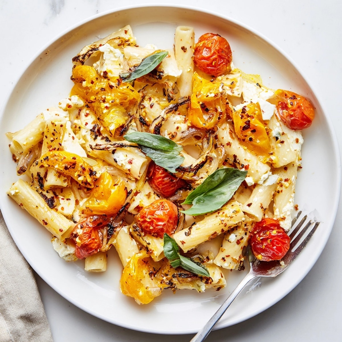 Creamy Baked Feta Pasta with bursting cherry tomatoes, ready as a delightful vegetarian dinner.