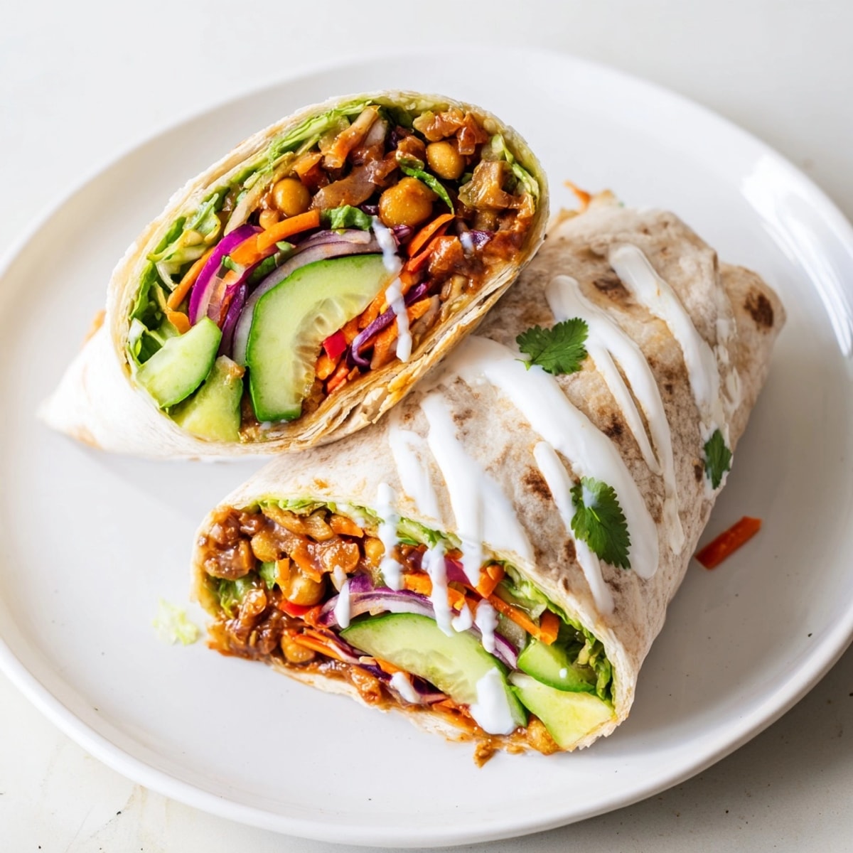 Golden-brown Cajun BBQ chickpea wraps, halved, showcasing the colorful veggie filling inside.