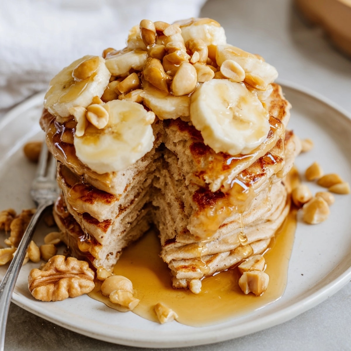 Golden Peanut Butter Maple Oat Pancakes, stacked high and drizzled with rich syrup.