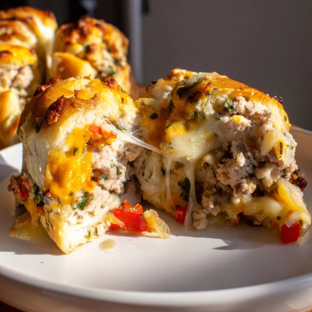 A delicious recipe: Cheesy Cajun Turkey Stuffed Rolls, showcasing melted cheese and spices.