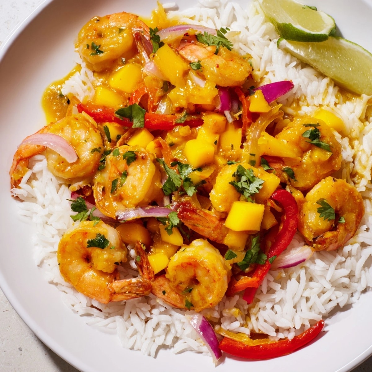 Golden Shrimp and Mango Curry Skillet bubbling fragrantly, ready to serve over fluffy rice.