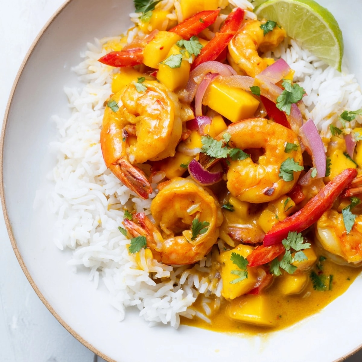 Close-up of glistening Shrimp and Mango Curry Skillet, smelling of coconut and warm spices.