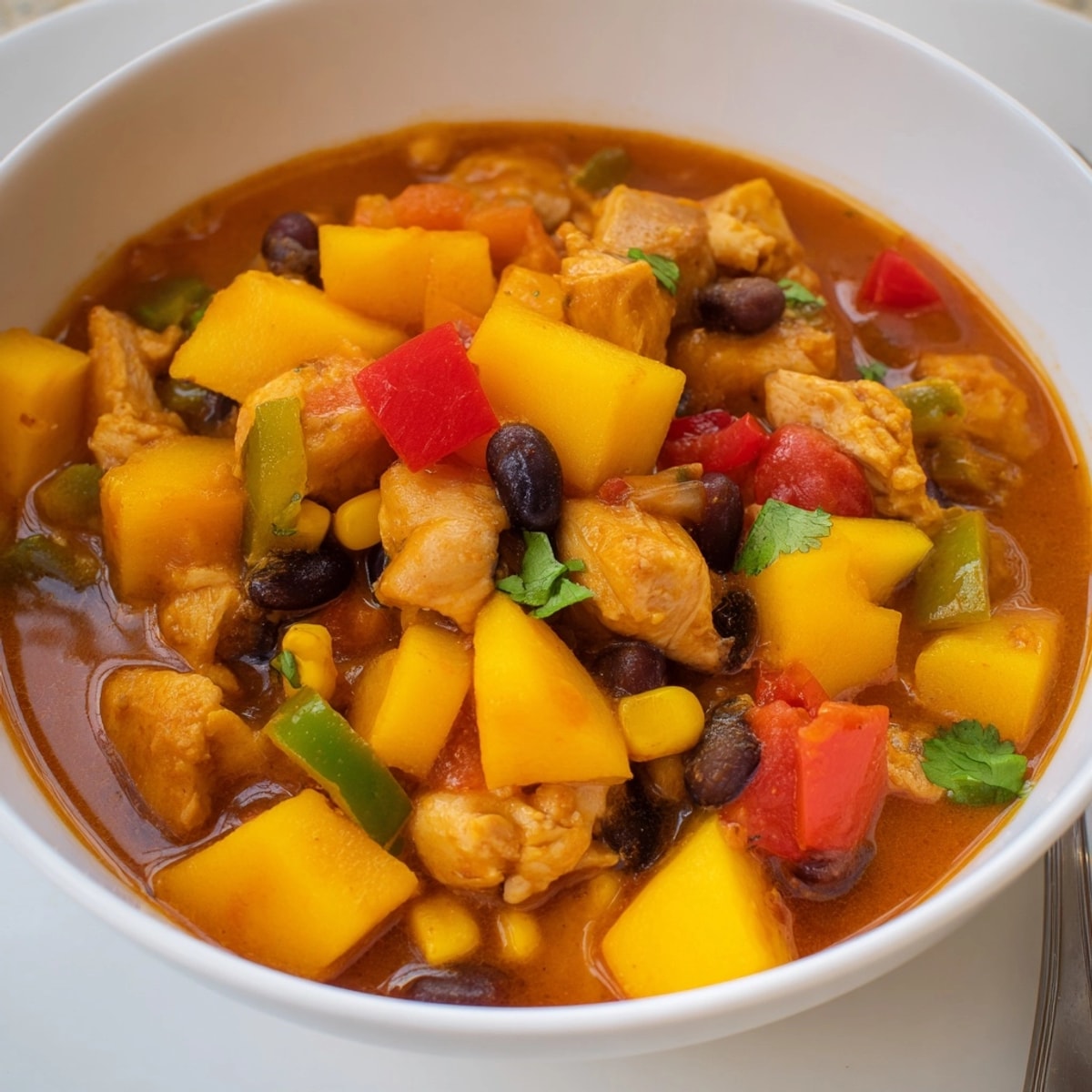 Vibrant Mango Southwest Chicken Chili in a pot, showcasing the colorful mango chunks and peppers.