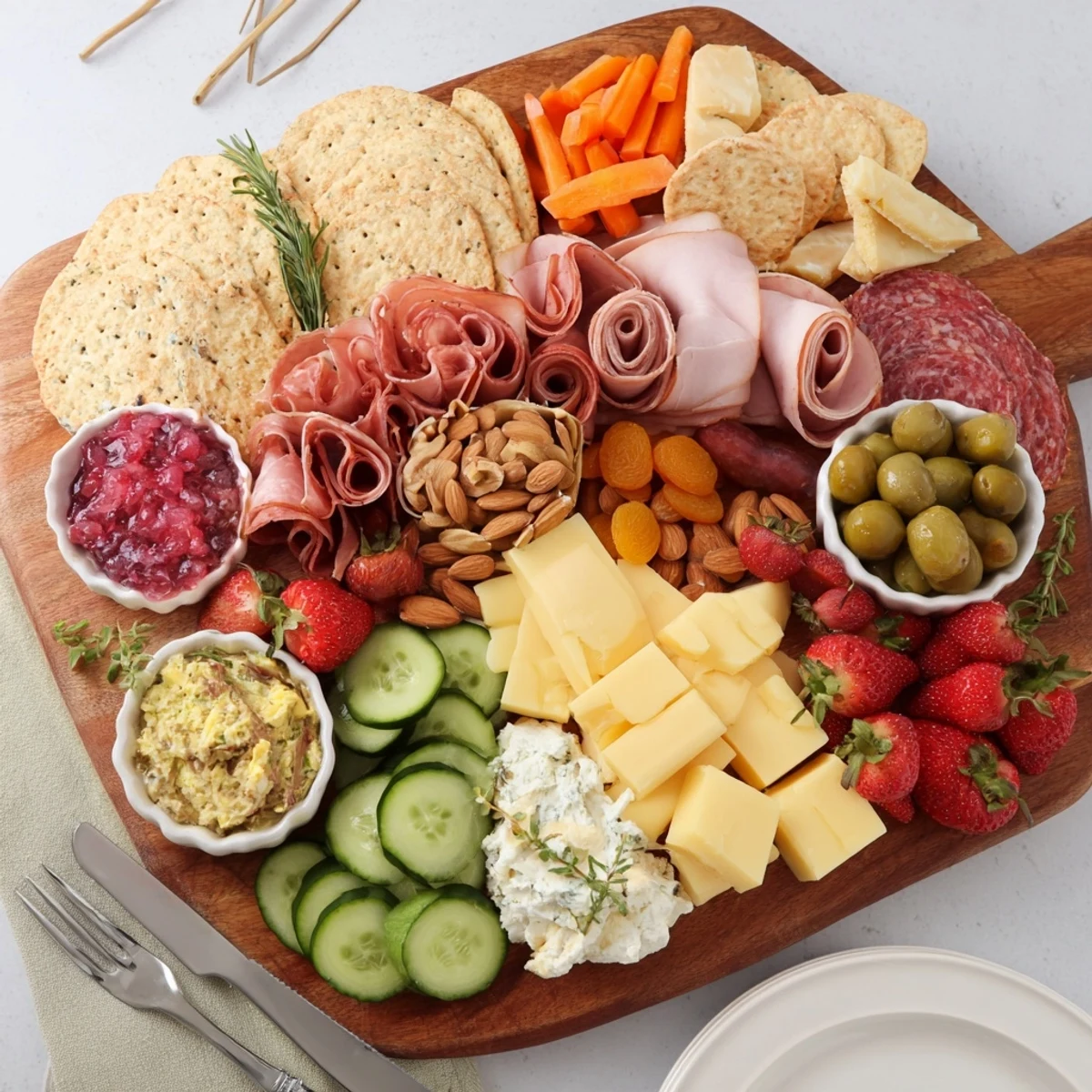 A beautiful charcuterie board with holiday snack dips featuring vibrant fruits and cheeses.  