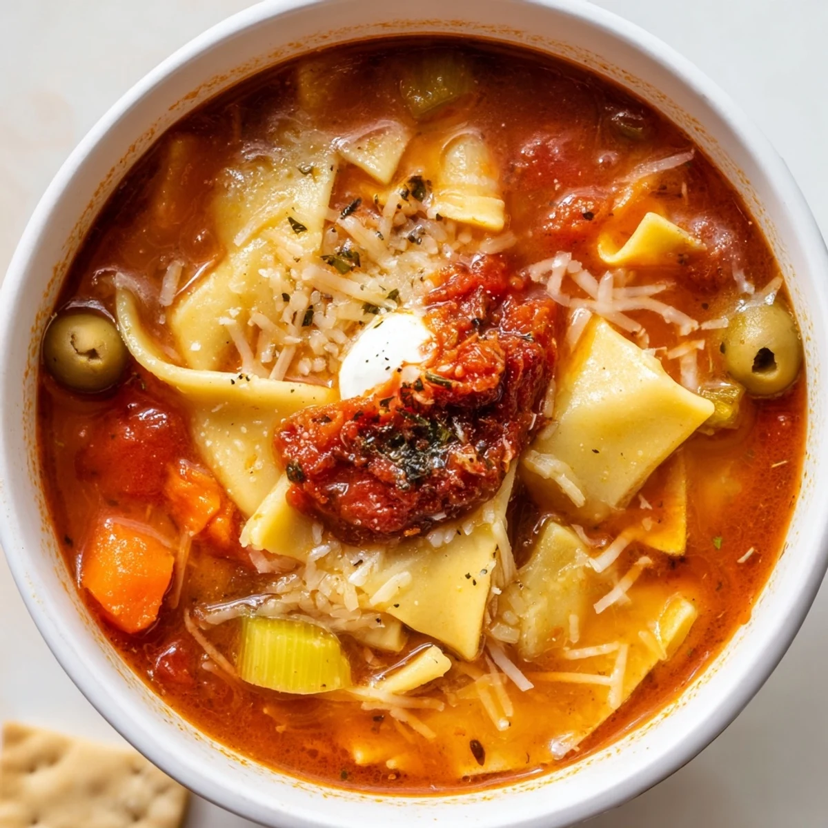 A warm bowl of Lasagne Soup with Sun-Dried Tomato Tapenade, topped with creamy cheeses.  