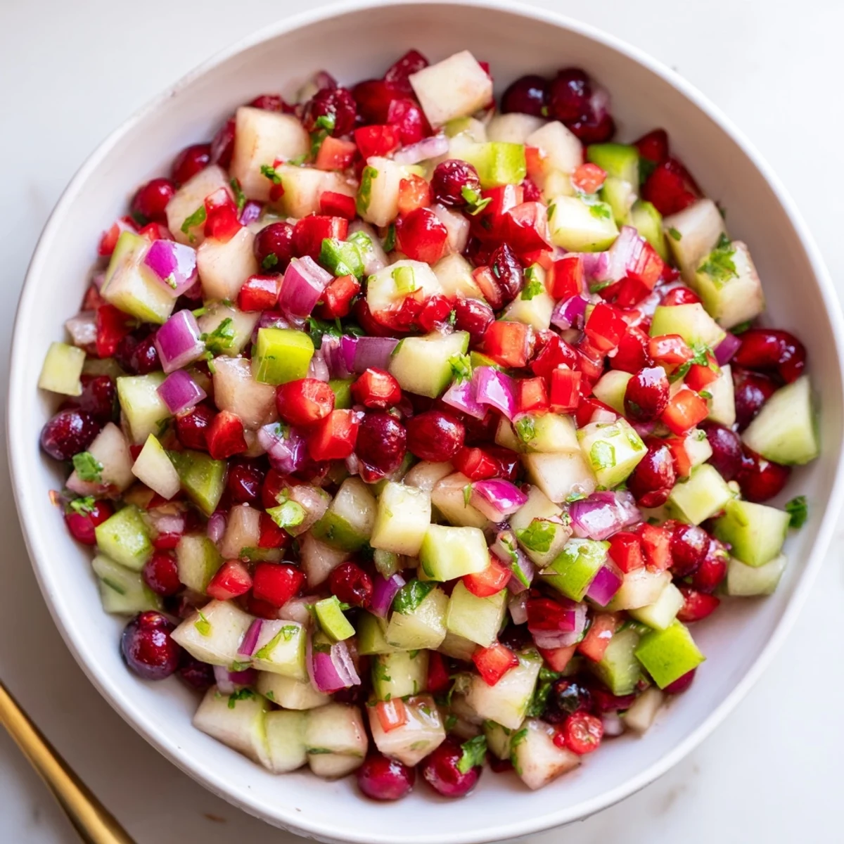Vibrant Pear and Cranberry Jalapeño Salsa in a colorful bowl, ready to enjoy.  