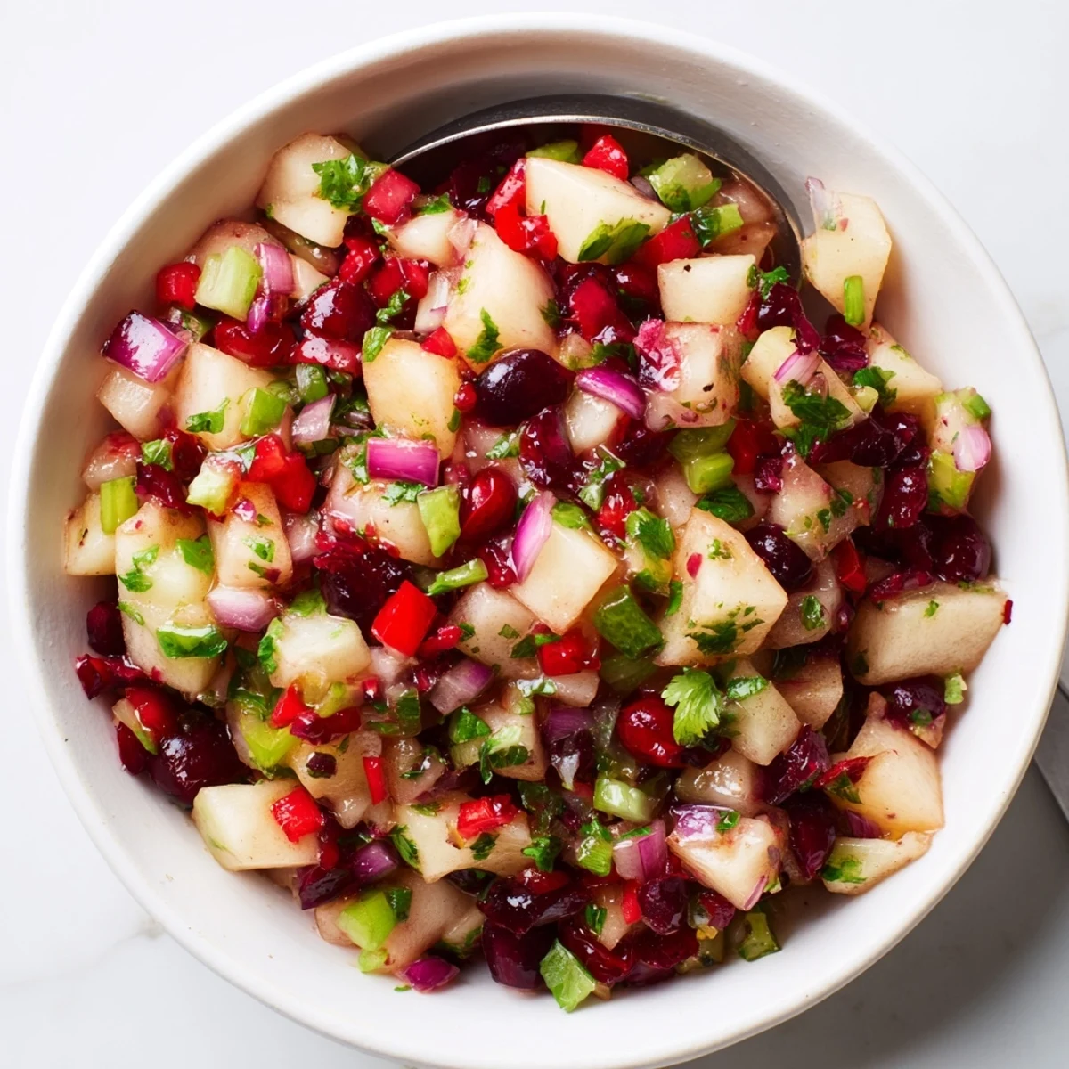 Delicious Pear and Cranberry Jalapeño Salsa served on tortilla chips, bursting with flavor.