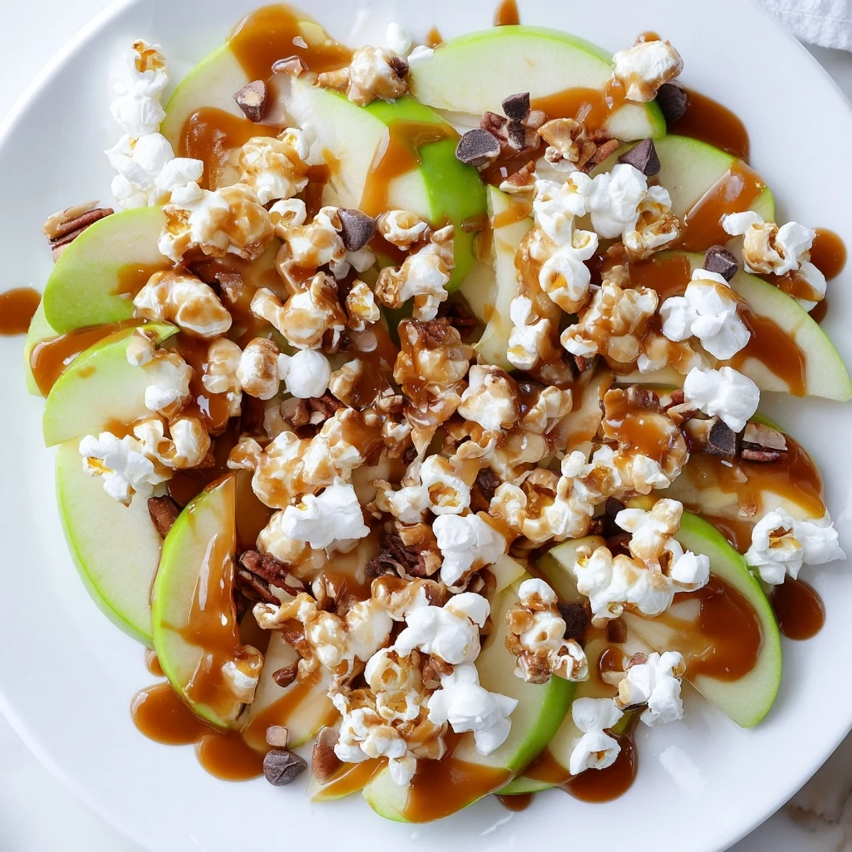 Delicious Caramel Popcorn Apple Nachos topped with chocolate chips and roasted nuts.  