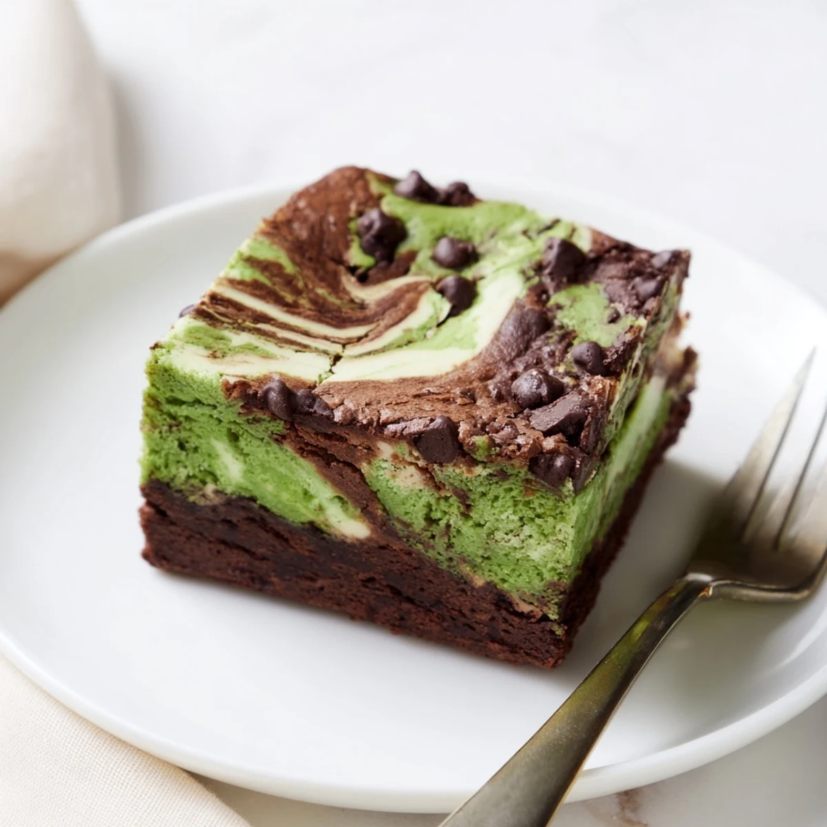 Delicious matcha cheesecake swirl brownies topped with a rich chocolate layer.