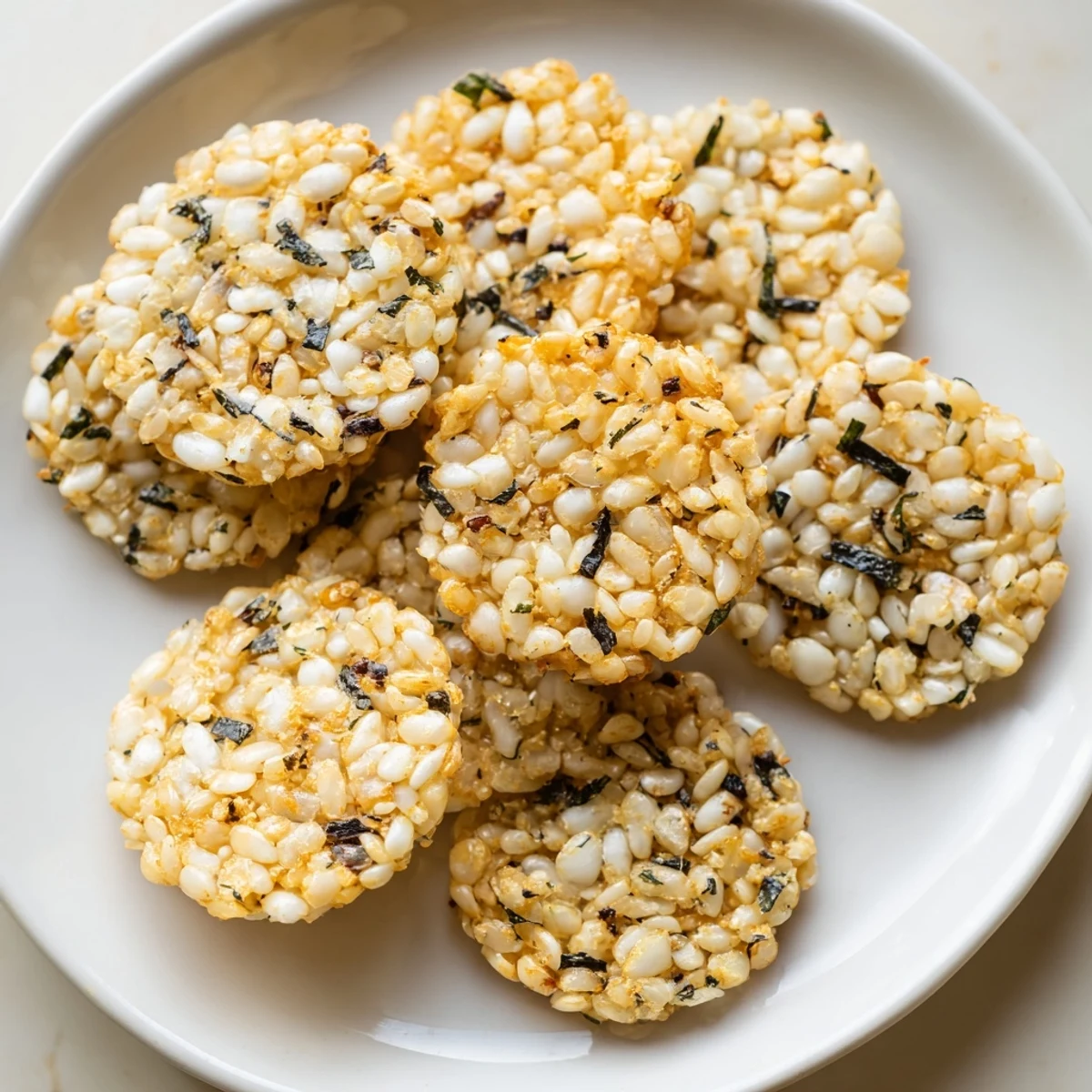 Golden-brown Seaweed & Sesame Rice Crisps, lightly brushed with oil for added crunch.  