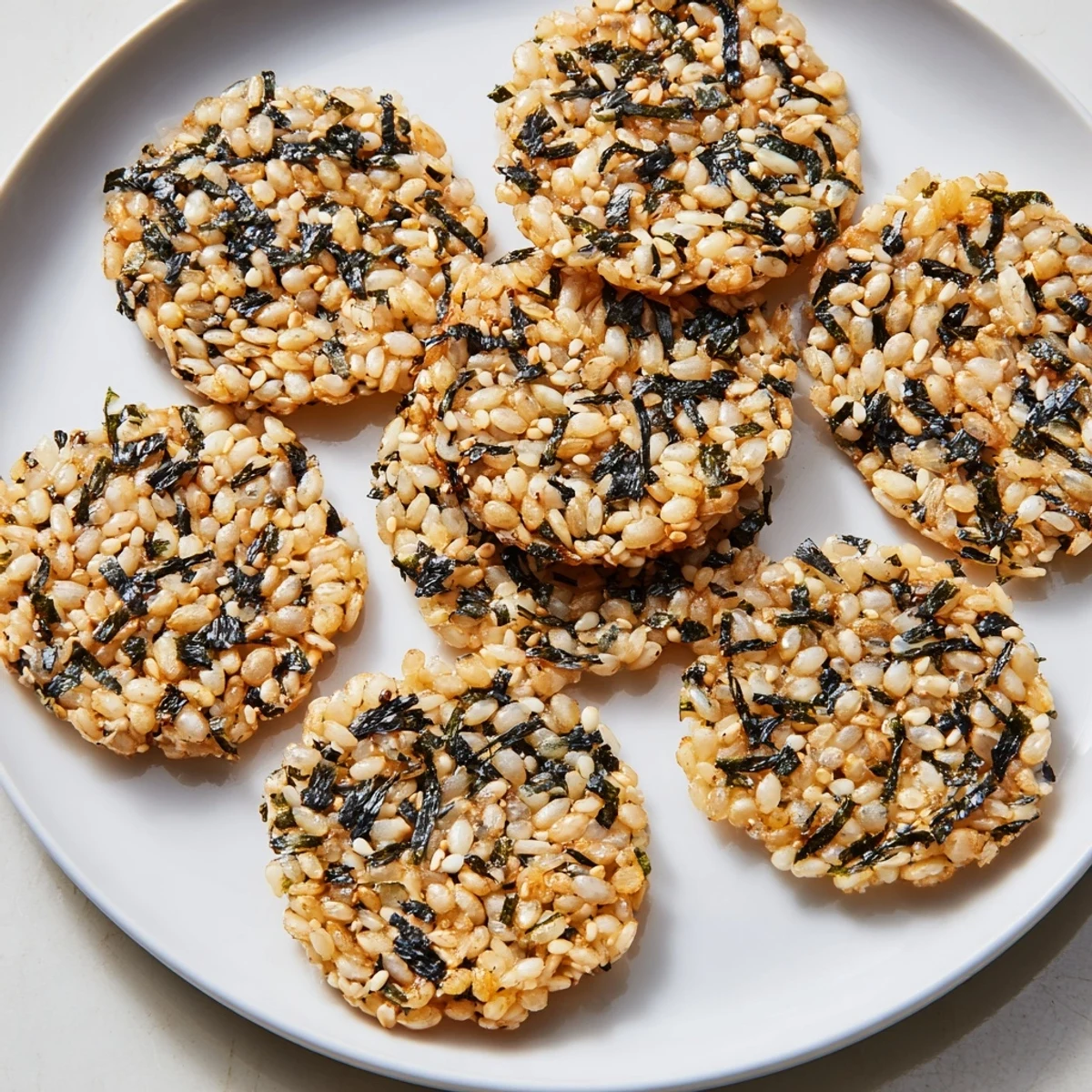 Savory Seaweed & Sesame Rice Crisps, ideal for enjoying with soy sauce or avocado dip.