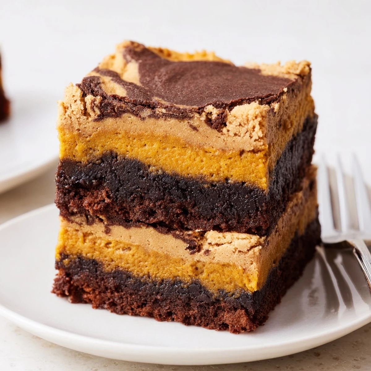 Indulge in decadent Pumpkin Muffin Cookie Dough Brownies with layers of rich flavors.  