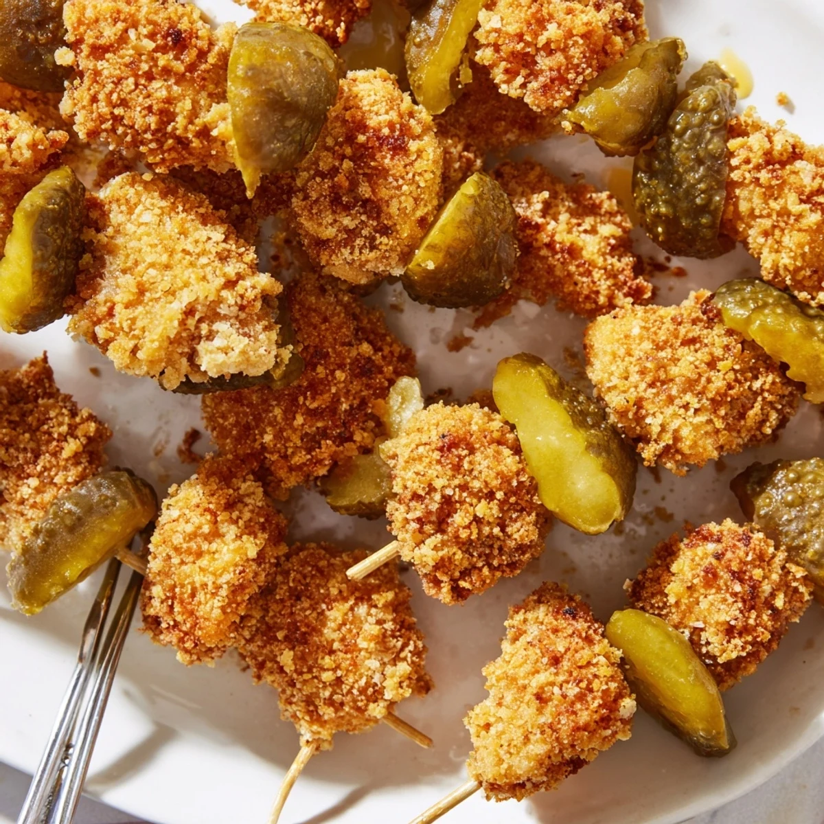 Deliciously marinated Pickle Popcorn Chicken Skewers, perfect for party snacking and gatherings.  
