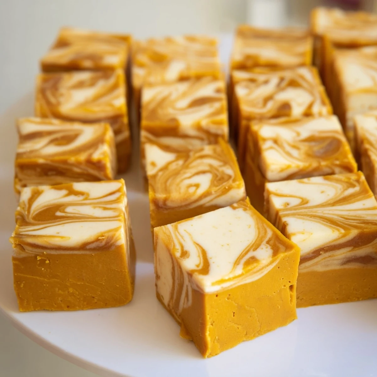 Indulgent slices of pumpkin caramel cheesecake fudge topped with sweet caramel drizzle.