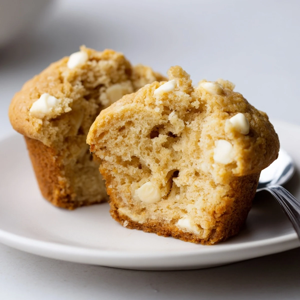 Moist Coffee White Chocolate Muffins topped with melty white chocolate chips and coffee aroma.  