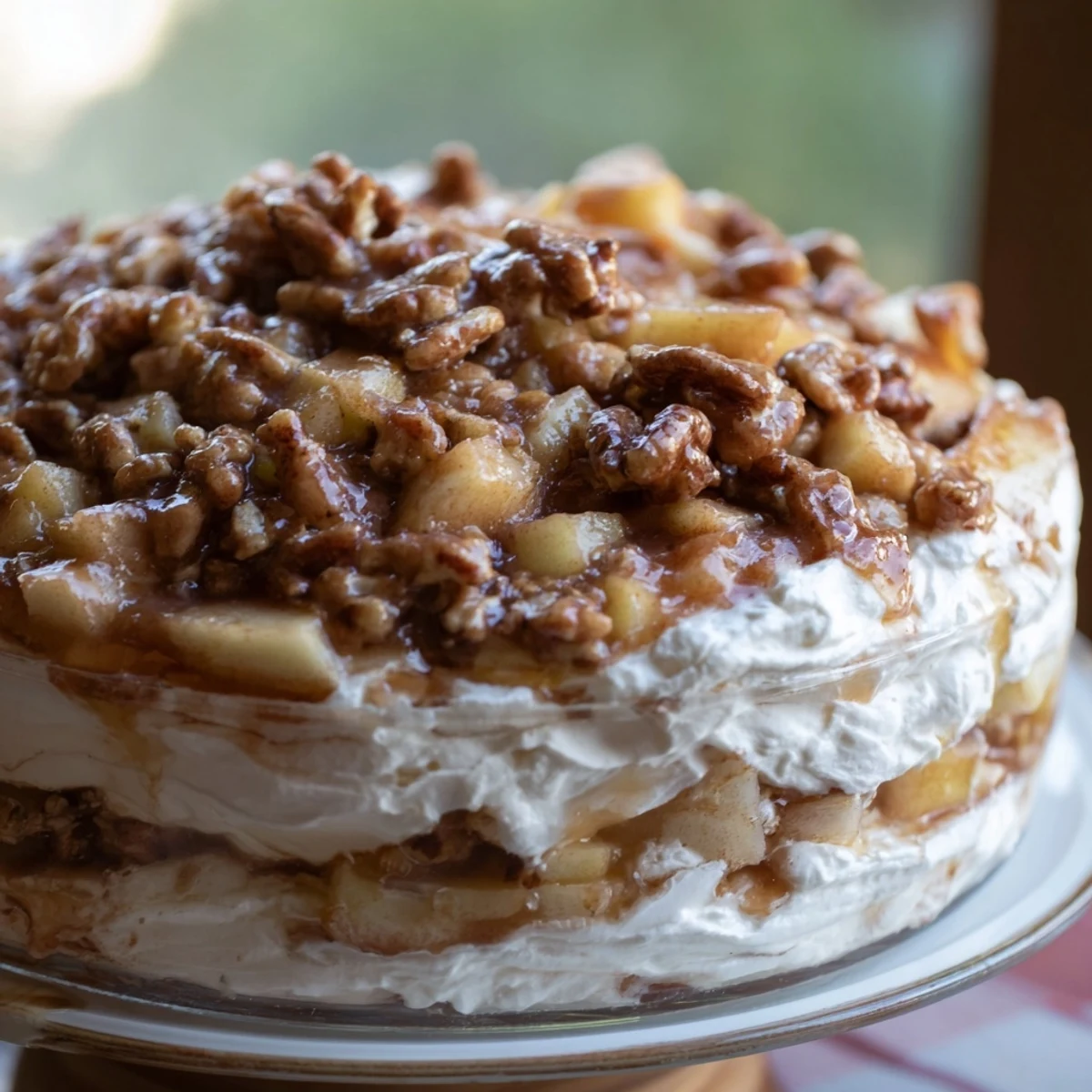 Decadent Spiced Apple Praline Whip Dip served with graham crackers and fresh fruit slices.  