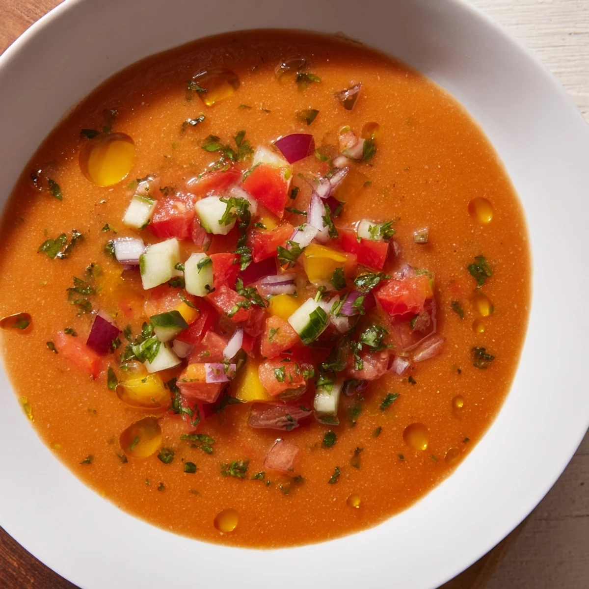 A vibrant bowl of Tomato and Cucumber Gazpacho, bursting with fresh flavors.  