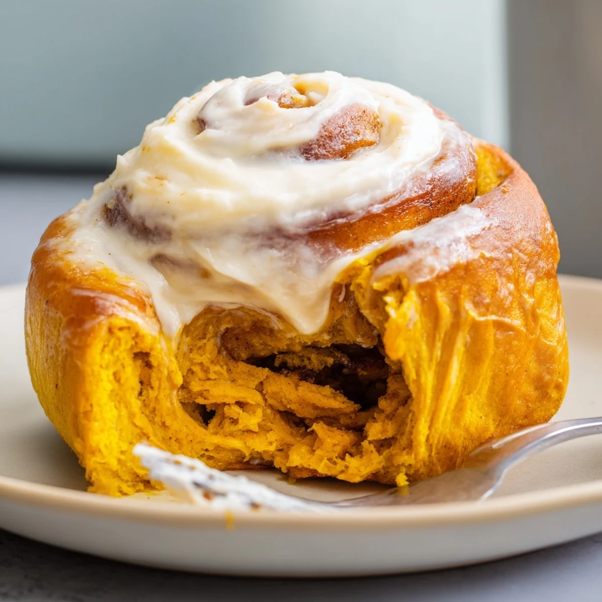 Soft pumpkin cinnamon rolls drizzled with cream cheese frosting, perfect for fall brunch.  