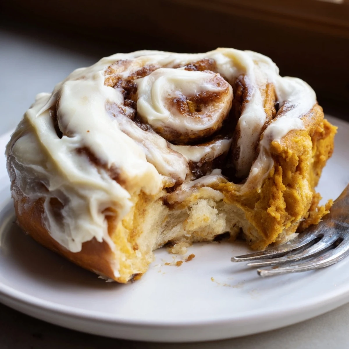 Warm, spiced pumpkin cinnamon rolls fresh from the oven, a delightful autumn treat.