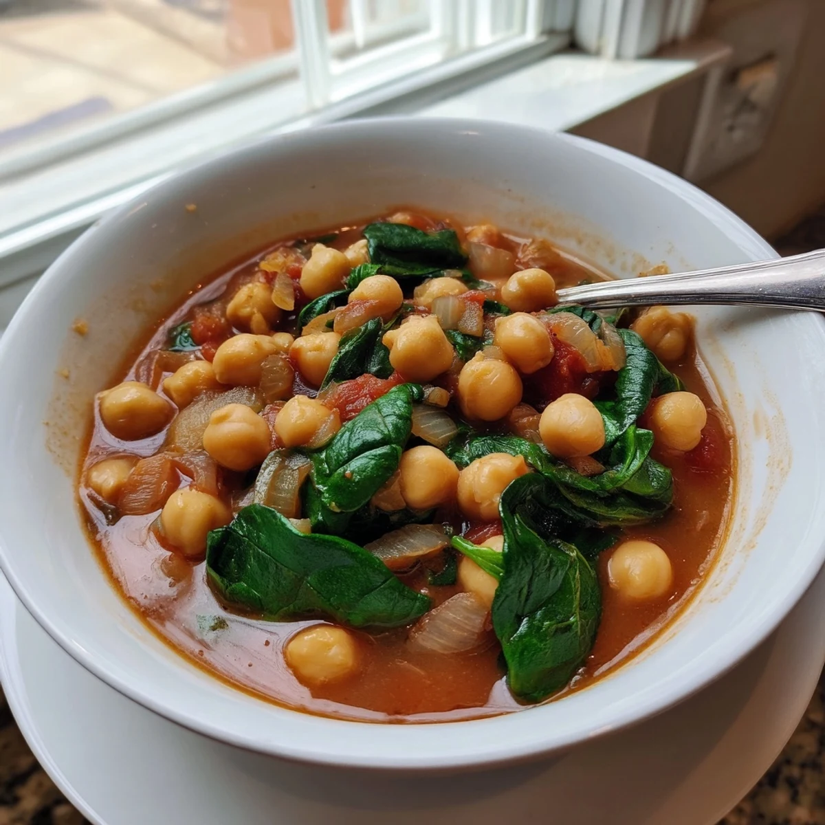 Colorful bowl of Chickpea and Spinach Stew, brimming with nutritious vegetables and flavor.